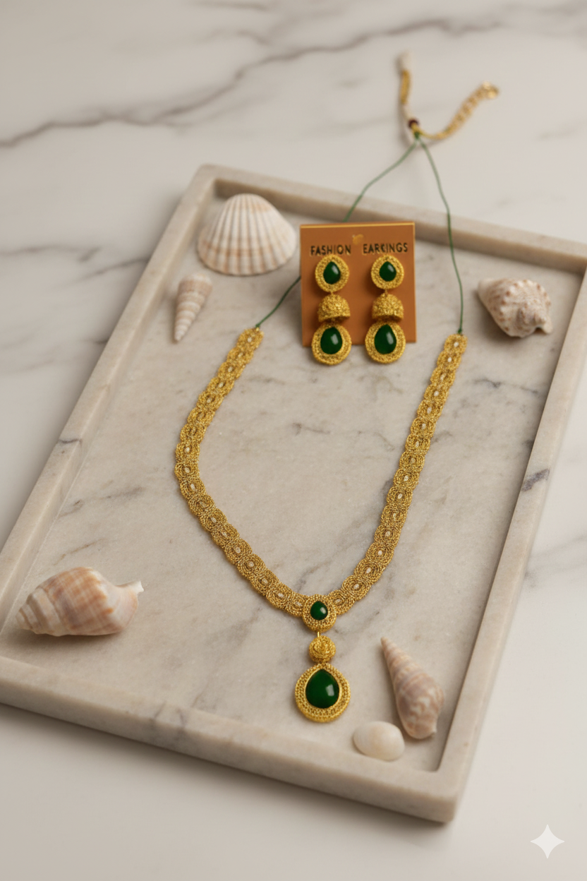 Auravine Bloom | Kerala Traditional Gold Plated Green Stone  Necklace For Womens | Earrings + Necklace