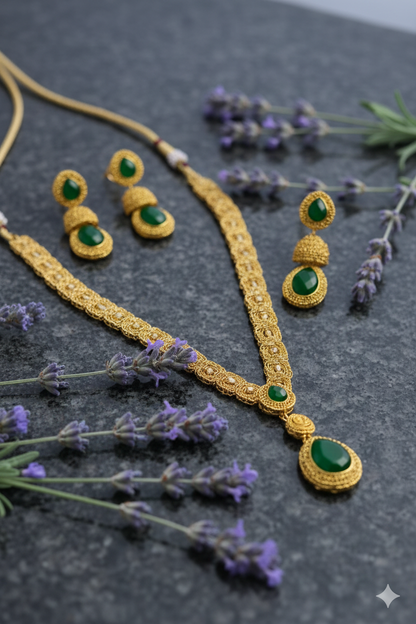 Auravine Bloom | Kerala Traditional Gold Plated Green Stone  Necklace For Womens | Earrings + Necklace