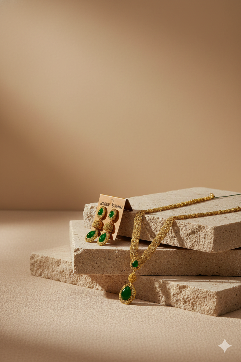 Auravine Bloom | Kerala Traditional Gold Plated Green Stone  Necklace For Womens | Earrings + Necklace