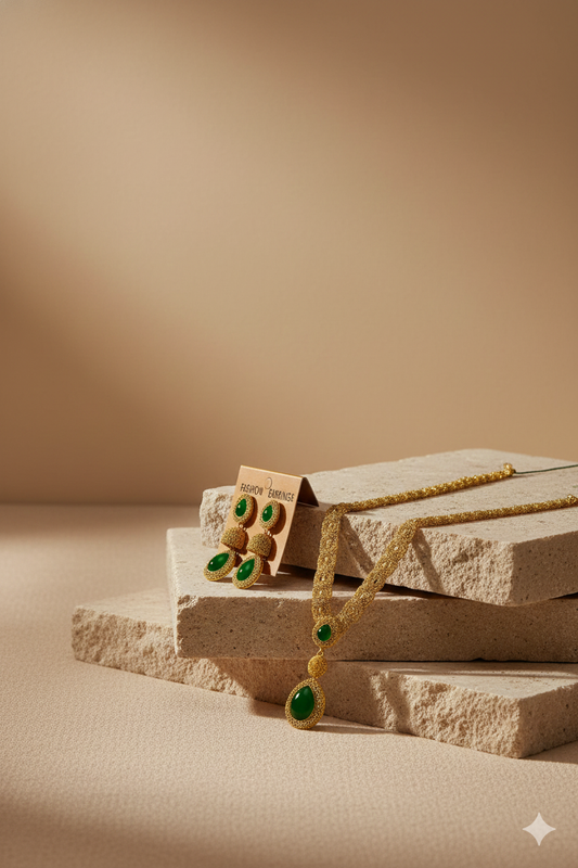 Auravine Bloom | Kerala Traditional Gold Plated Green Stone  Necklace For Womens | Earrings + Necklace