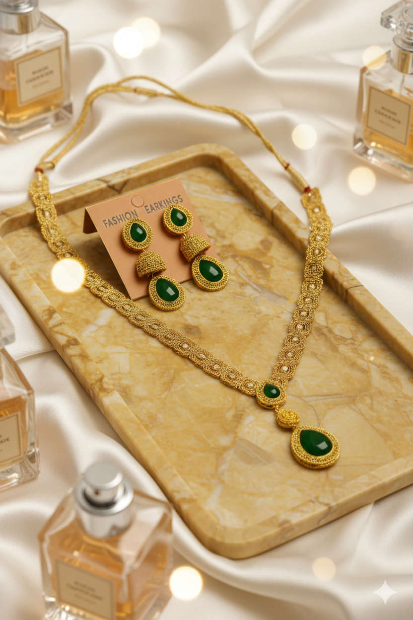 Auravine Bloom | Kerala Traditional Gold Plated Green Stone  Necklace For Womens | Earrings + Necklace