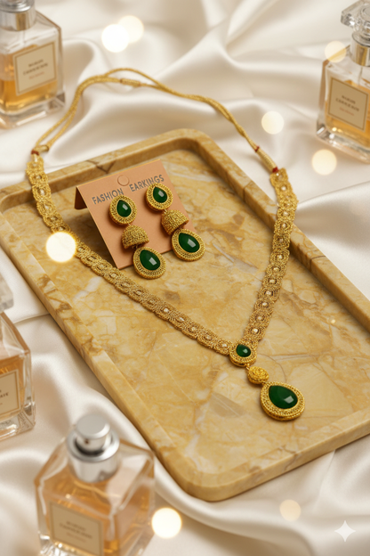 Auravine Bloom | Kerala Traditional Gold Plated Green Stone  Necklace For Womens | Earrings + Necklace